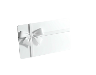A white rectangular card, tied with a ribbon and bow on a black background