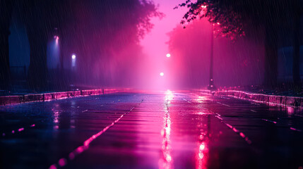 Fototapeta premium Mysterious Dark Street with Wet Asphalt and Neon Pink Reflections in the Foggy Night - Urban Rain Scene, Abstract Lighting, Night Mood