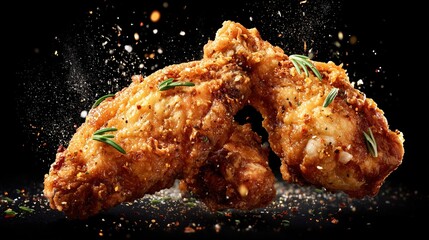 Close-up of crispy fried chicken wings with golden brown texture, scattered seasoning herbs floating around, black background, high resolution.