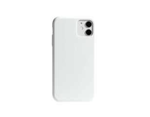 A solid white phone case with dual cameras is centered on a stark black backdrop