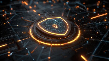 A digital concept shows a glowing shield with a lock symbol, surrounded by illuminated circuit patterns. The design emphasizes themes of technology and security.