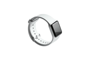 Modern white wristband with a rectangular display, isolated on black