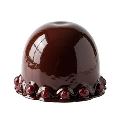 Fototapeta premium A glossy dark chocolate dome cake decorated with fresh cherries around the base, isolated on transparent background