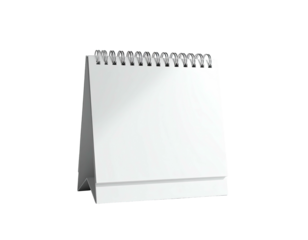 A blank white tabletop calendar with spiral binding on a black background