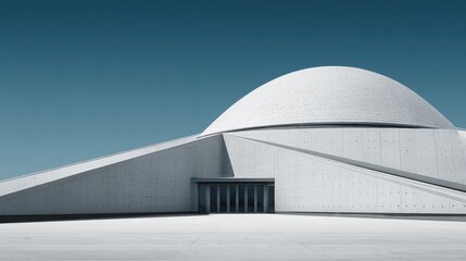 Obraz premium Modern White Building with Merging Triangular Roof and Curved Dome