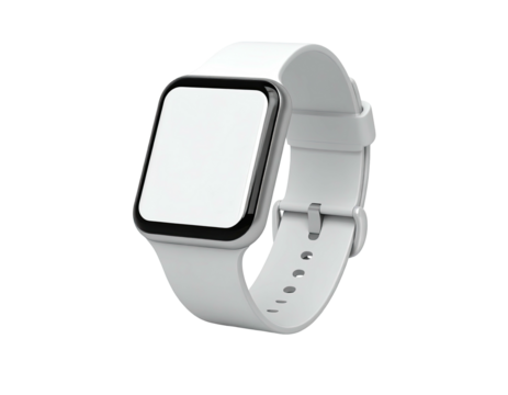 A modern smartwatch with a white band, blank screen, and black bezel on black background