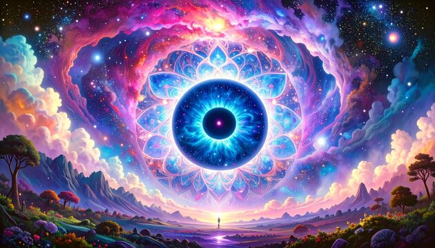 A psychedelic image depicting a higher consciousness of the universe.