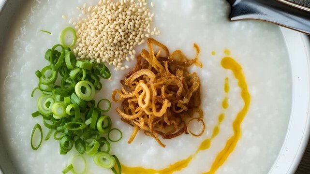 Delicious congee with garnishes.