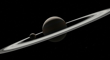 A dramatic view of saturn and its rings, with a moon in the foreground, all set against the blackness of deep space