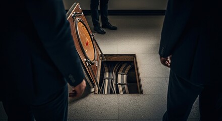 Underground Cable Access Men Inspecting Open Floor Hatch with Cables.