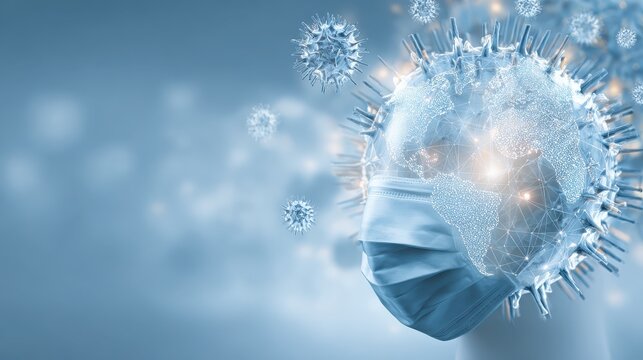 Person in a face mask and visualizing virus on the globe
