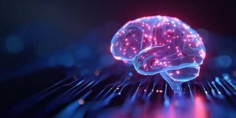 A vibrant neon brain is illuminated with bright lights, symbolizing technological advancement and neural connections. The scene captures a futuristic digital landscape.