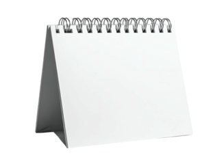 A blank, white desk calendar with a silver spiral binding, standing upright
