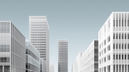 Fototapeta premium Futuristic minimalist cityscape with tall white geometric buildings and clear sky.