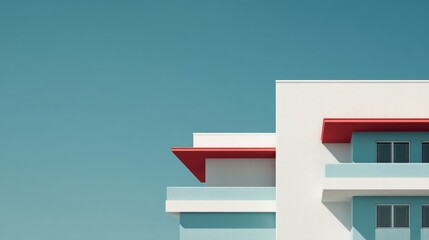 Modern Minimalist Building with Teal Sky and Geometric Red Accents
