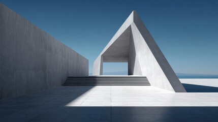 Abstract concrete architectural structure leading to the horizon under clear blue sky.