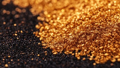 Gold and black granular material, close-up, bokeh texture