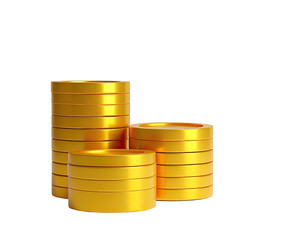 Three stacks of shiny, golden coins arranged against a stark, black backdrop