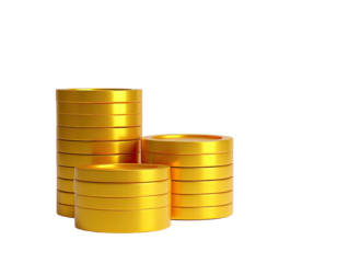 Three stacks of shiny, golden coins arranged against a stark, black backdrop