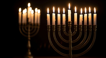 Illuminated menorah candles glowing in the dark, symbolizing the celebration of hanukkah and the triumph of light over darkness in a solemn setting
