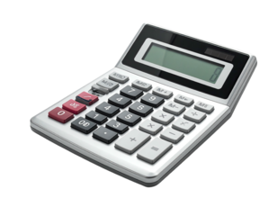 Close-up of a silver and black calculator with numerical buttons, off-white background