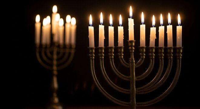 Illuminated menorah candles glowing in the dark, symbolizing the celebration of hanukkah and the triumph of light over darkness in a solemn setting - Powered by Adobe