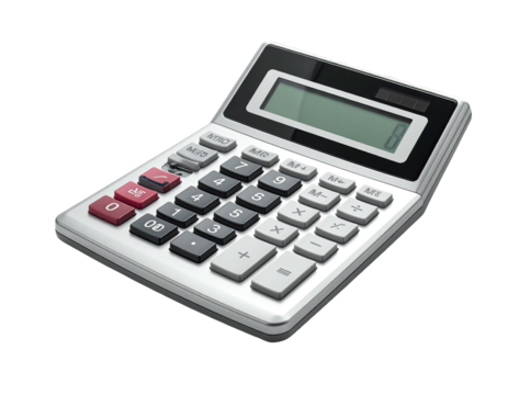Close-up of a silver and black calculator with numerical buttons, off-white background