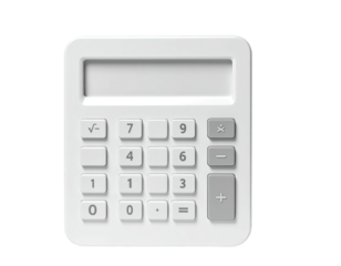 Minimalist white calculator with display and buttons, floating against a black background