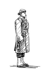 Female royal guard in warm ceremonial uniform, Sweden. Vector sketch of soldier in traditional military attire, hand drawn illustration