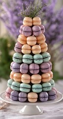 Tower of colorful macarons with lavender sprigs on top
