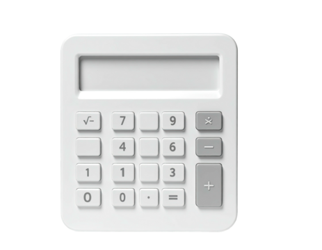 Minimalist white calculator with display and buttons, floating against a black background