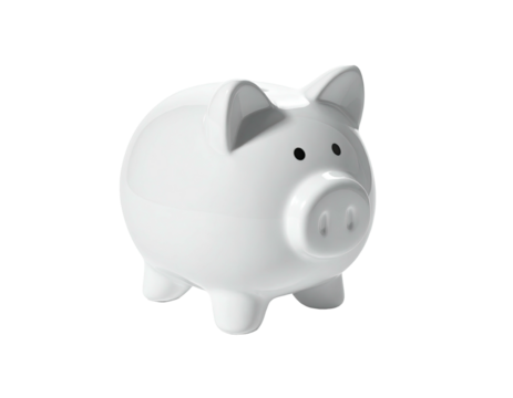 A glossy, white, ceramic piggy bank with a neutral background, savings concept