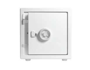 A white, minimalist vault, featuring a dial and handle, against a black backdrop