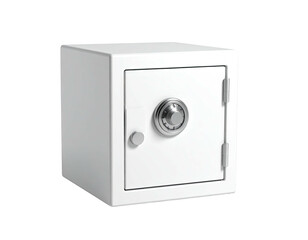 A small, white, square safe with a combination lock and silver handle, door slightly ajar