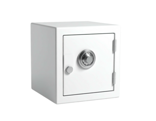 A small, white, square safe with a combination lock and silver handle, door slightly ajar