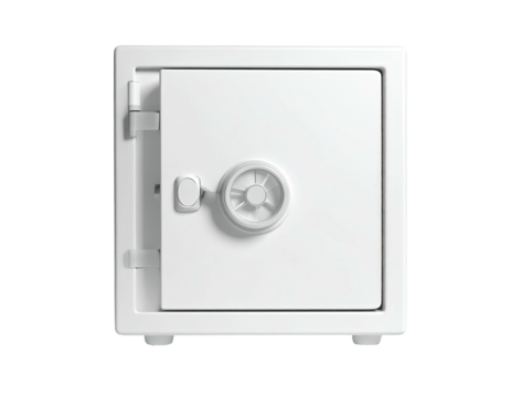 A white, minimalist vault, featuring a dial and handle, against a black backdrop