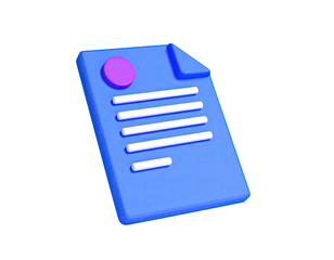 A 3D rendered blue document with a pink circle and lines of text floating