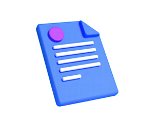 A 3D rendered blue document with a pink circle and lines of text floating