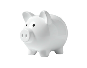 A glossy, white ceramic piggy bank isolated on a black background