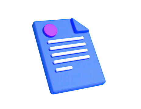 A 3D rendered blue document with a pink circle and lines of text floating
