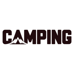 Camping outdoor adventure logo. Mountain landscape with camp tent. Travel, hiking, exploration. Wild nature journey.