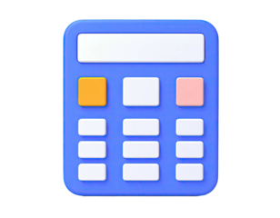 Cartoonish, 3D-rendered blue calculator with colorful buttons on black