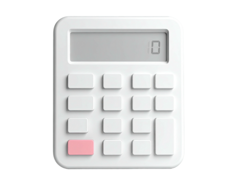 A 3D-rendered, white calculator with a pink button and zero display - Powered by Adobe