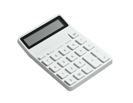 A clean, white calculator with a numeric keypad and digital display, angled up - Powered by Adobe