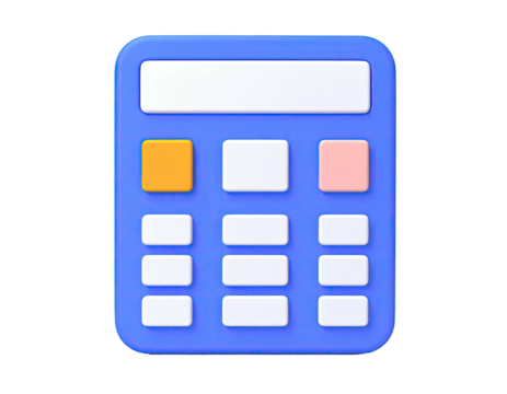 Cartoonish, 3D-rendered blue calculator with colorful buttons on black
