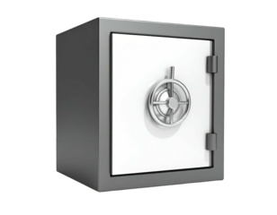 3D rendered secure safe with a metallic handle on a solid white door