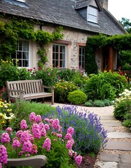 Lush cottage garden with a bench and stone path