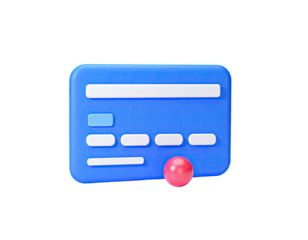 3D rendering of a vibrant blue payment card with a small pink sphere