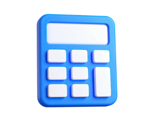 3D rendered blue calculator with white buttons and display, set against black
