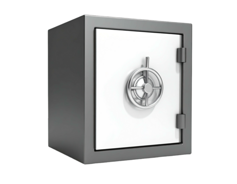3D rendered secure safe with a metallic handle on a solid white door